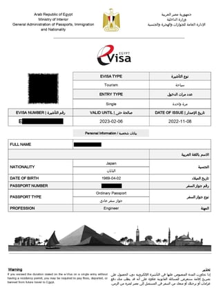 Ejemplo de visa electrónica de turista de Egipto